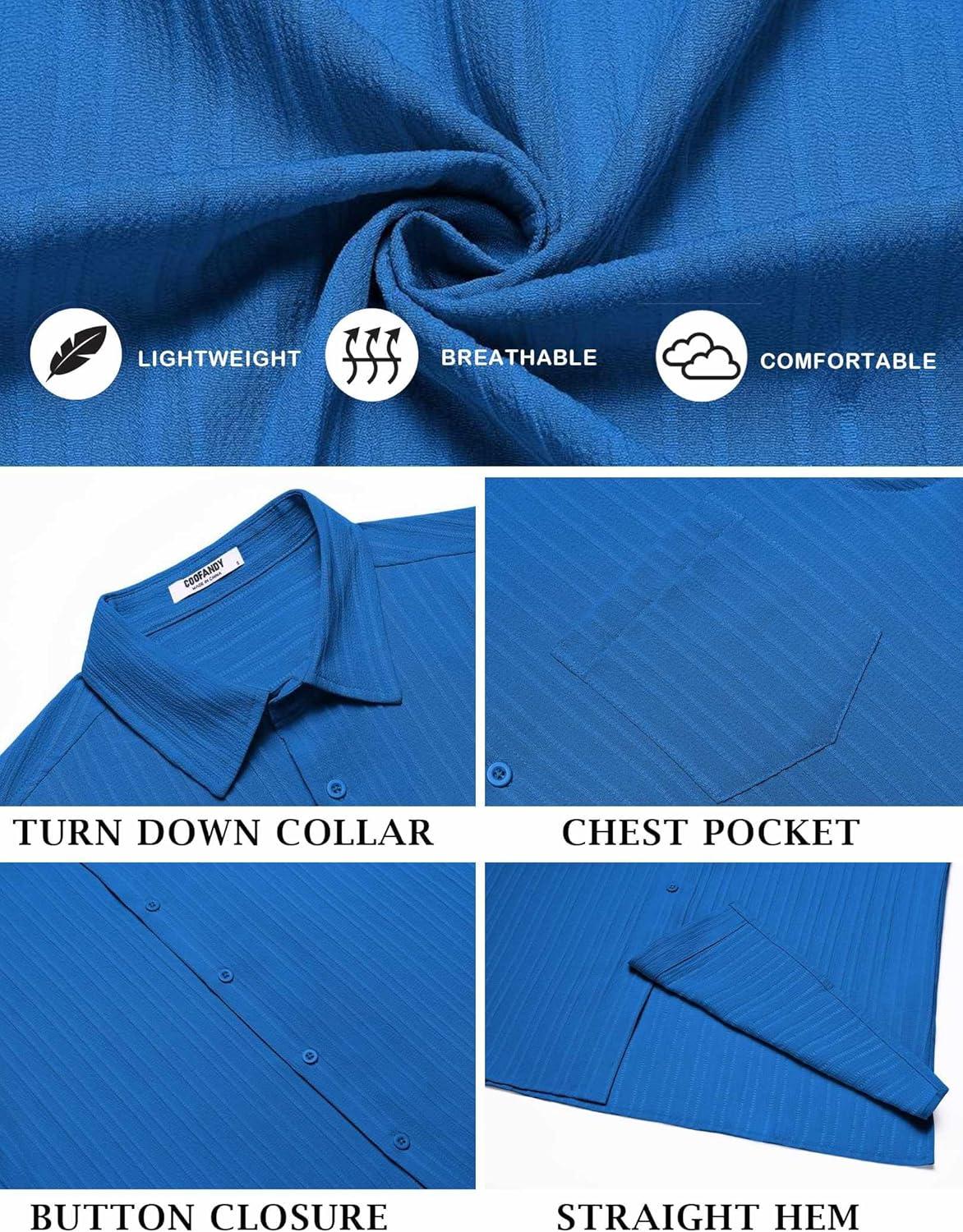 imageCOOFANDY Mens Short Sleeve Casual Button Down Shirts Textured Summer Beach Shirt with PocketBlue