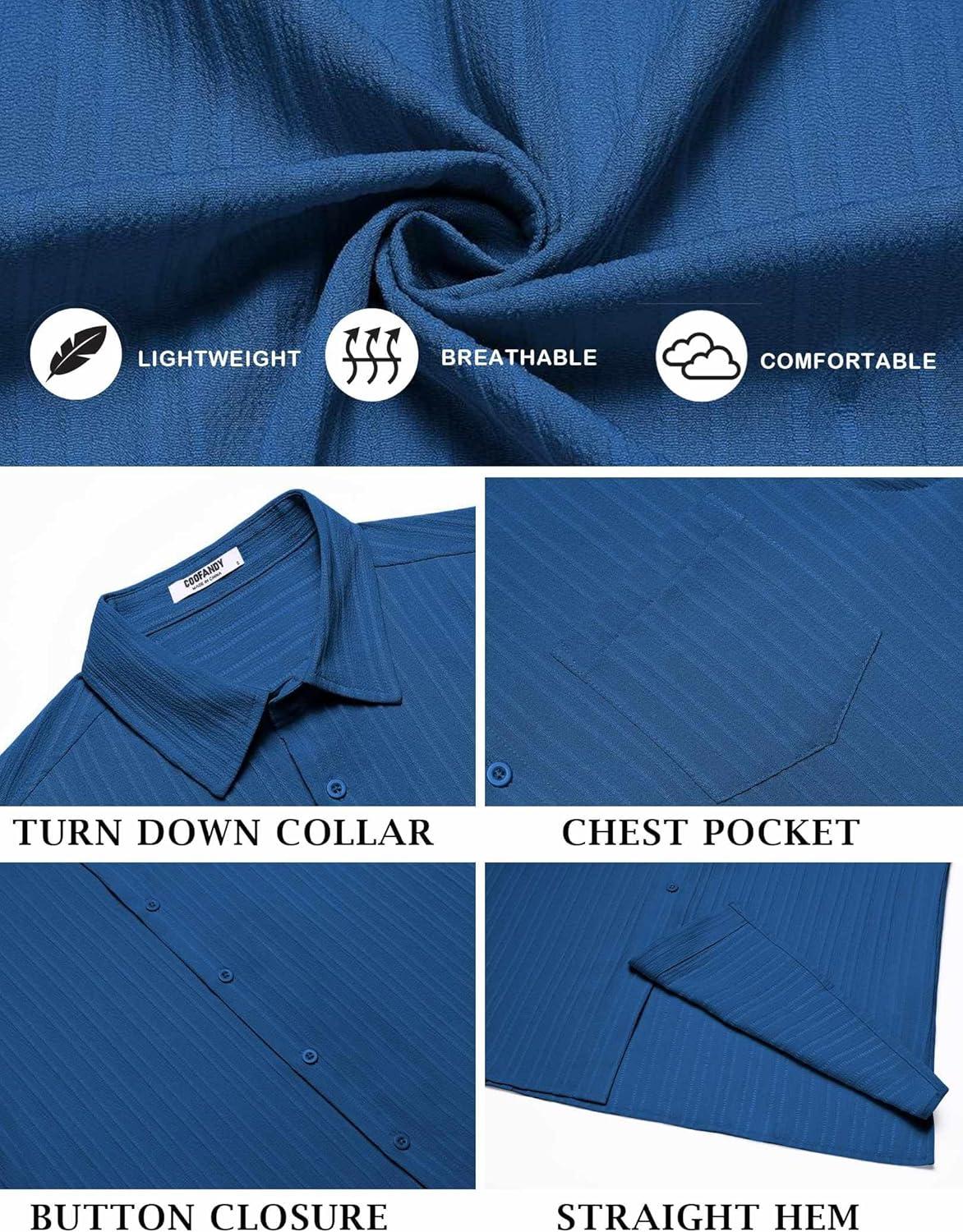 imageCOOFANDY Mens Short Sleeve Casual Button Down Shirts Textured Summer Beach Shirt with PocketDenim Blue
