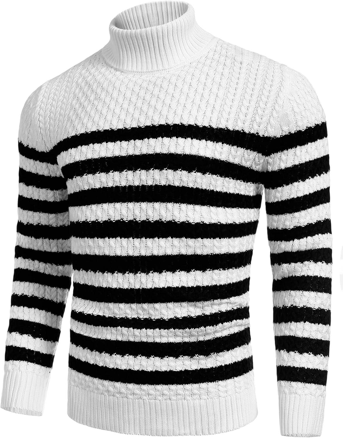 imageCOOFANDY Mens Slim Fit Turtleneck Sweater Casual Knitted Twisted Pullover Solid SweatersBlackWhite Stripes