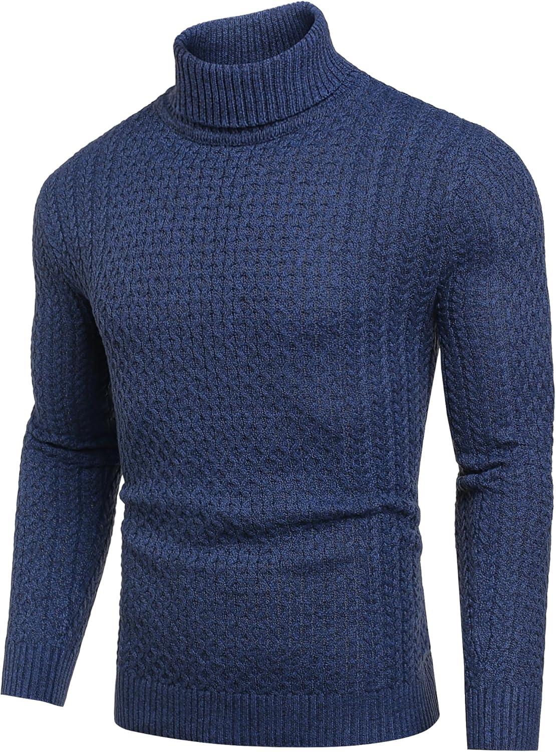 imageCOOFANDY Mens Slim Fit Turtleneck Sweater Casual Knitted Twisted Pullover Solid SweatersColorful Blue