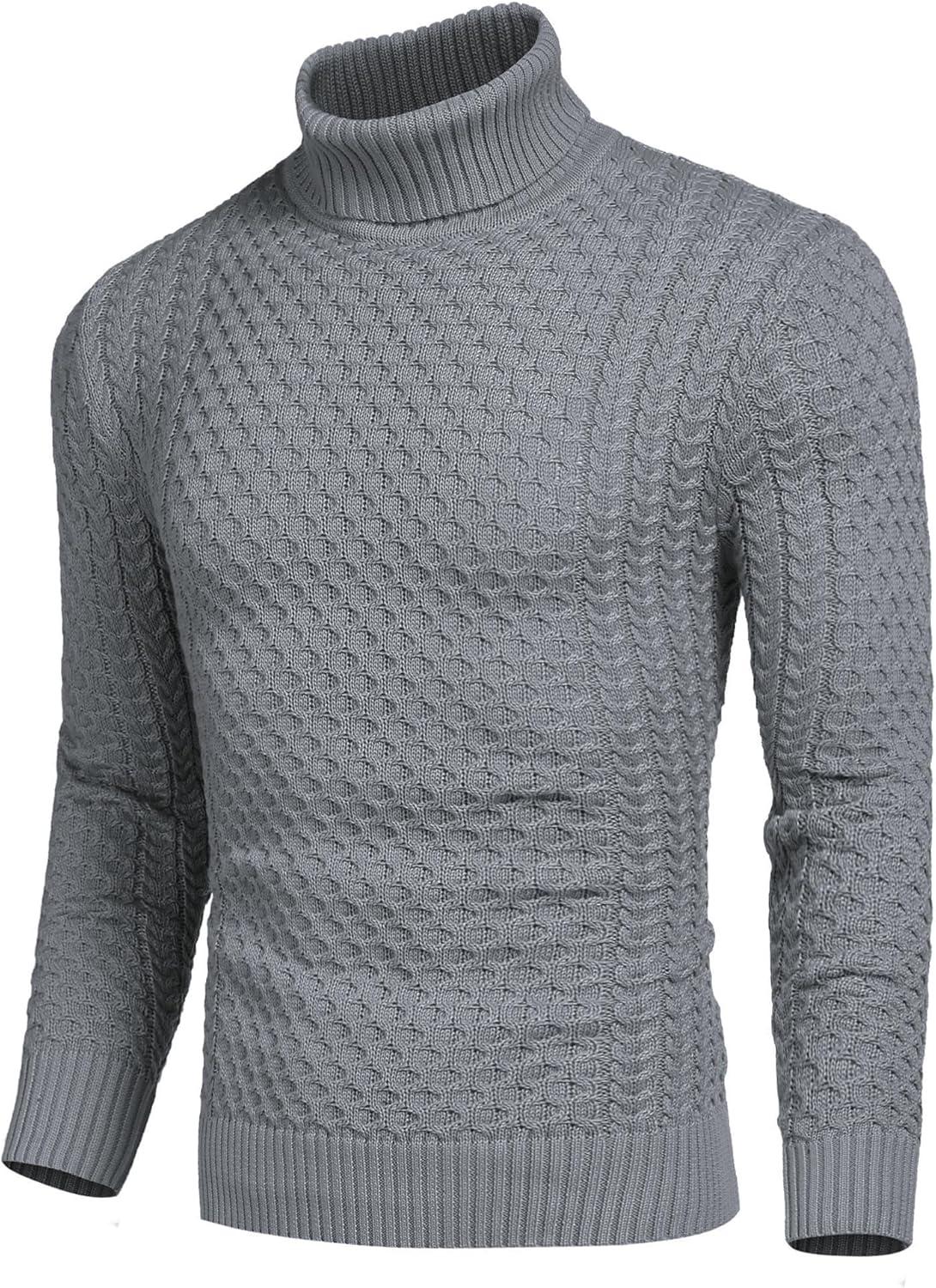 imageCOOFANDY Mens Slim Fit Turtleneck Sweater Casual Knitted Twisted Pullover Solid SweatersGray