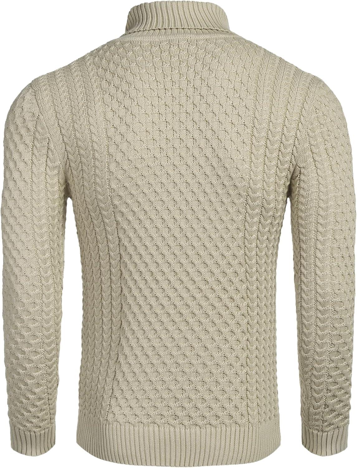 imageCOOFANDY Mens Slim Fit Turtleneck Sweater Casual Knitted Twisted Pullover Solid SweatersLight Khaki