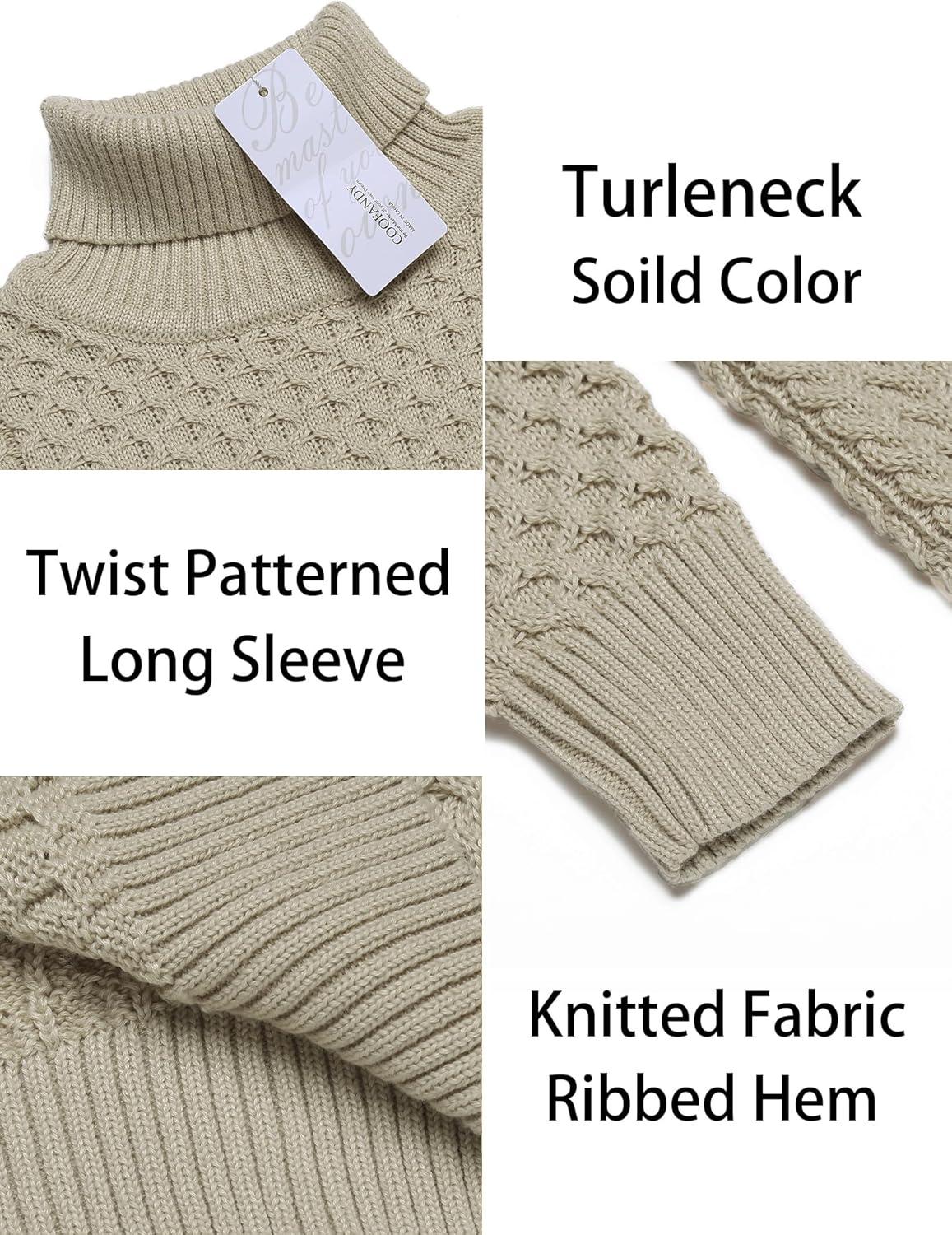 imageCOOFANDY Mens Slim Fit Turtleneck Sweater Casual Knitted Twisted Pullover Solid SweatersLight Khaki