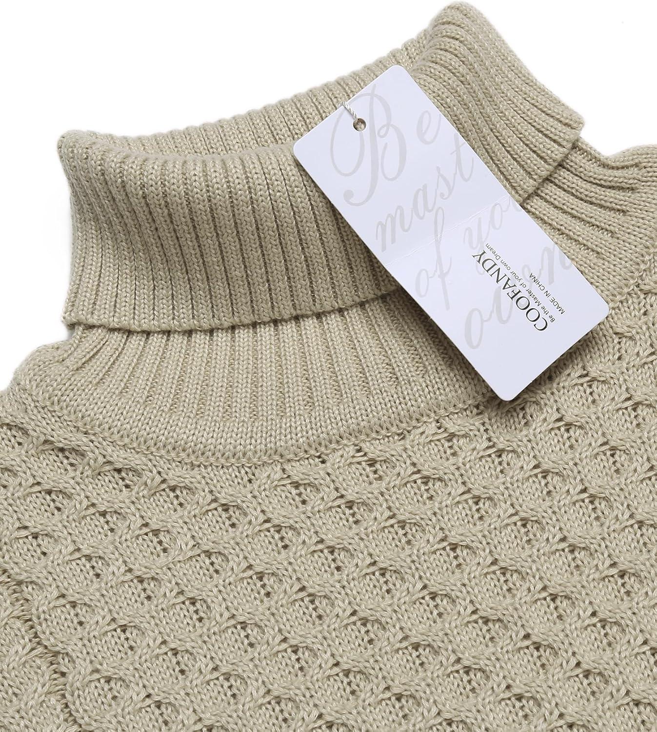 imageCOOFANDY Mens Slim Fit Turtleneck Sweater Casual Knitted Twisted Pullover Solid SweatersLight Khaki