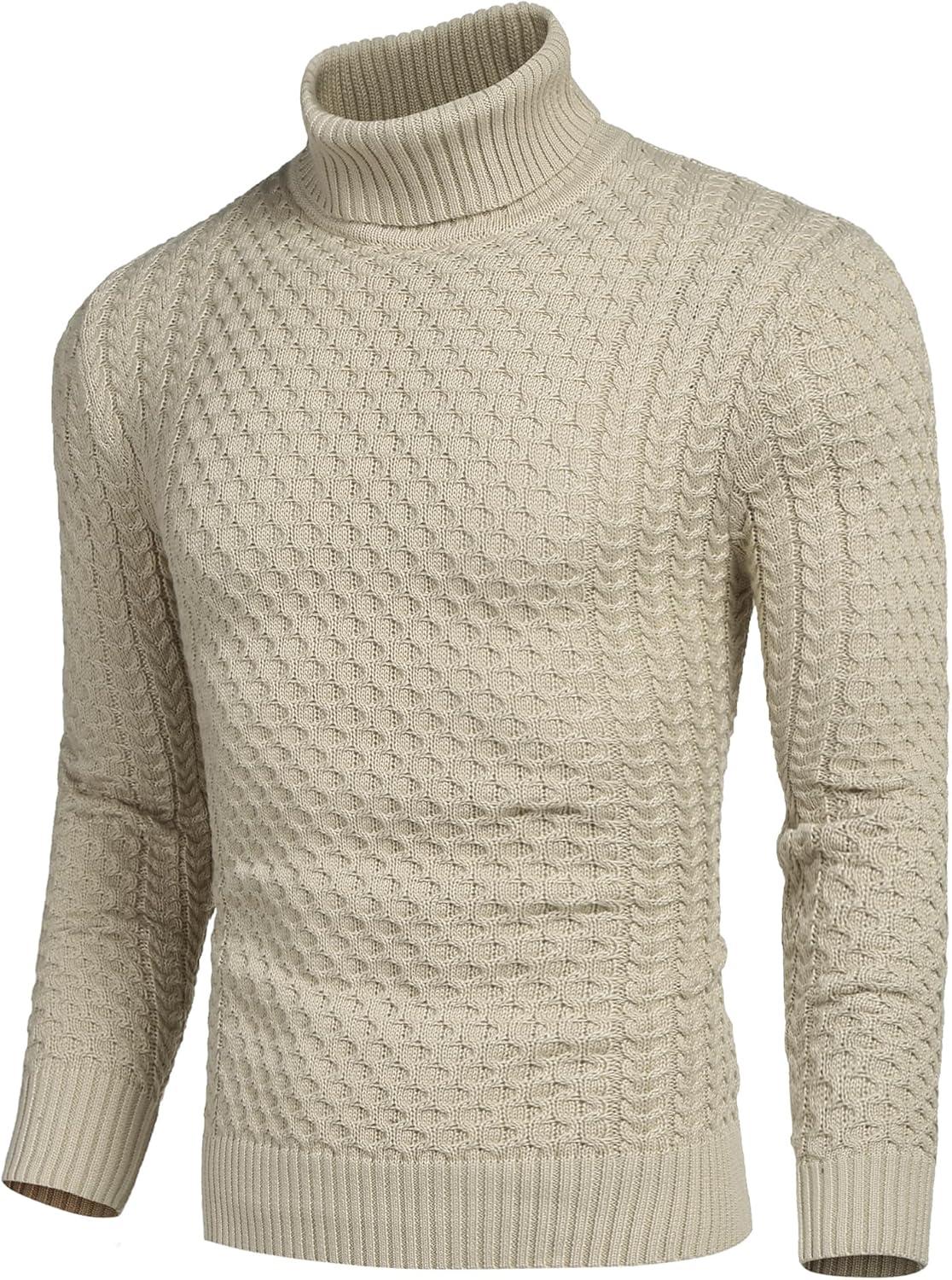 imageCOOFANDY Mens Slim Fit Turtleneck Sweater Casual Knitted Twisted Pullover Solid SweatersLight Khaki