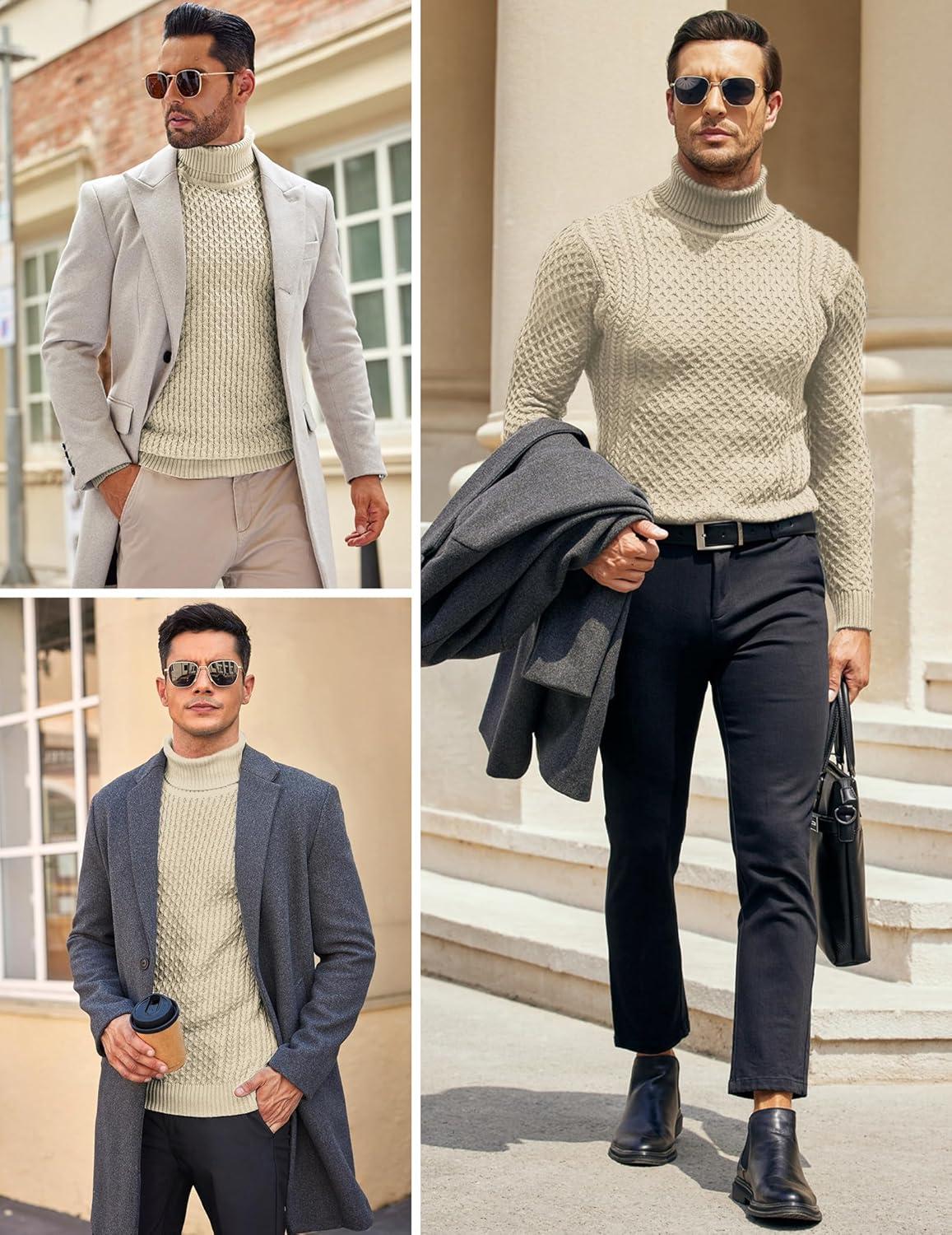 imageCOOFANDY Mens Slim Fit Turtleneck Sweater Casual Knitted Twisted Pullover Solid SweatersLight Khaki
