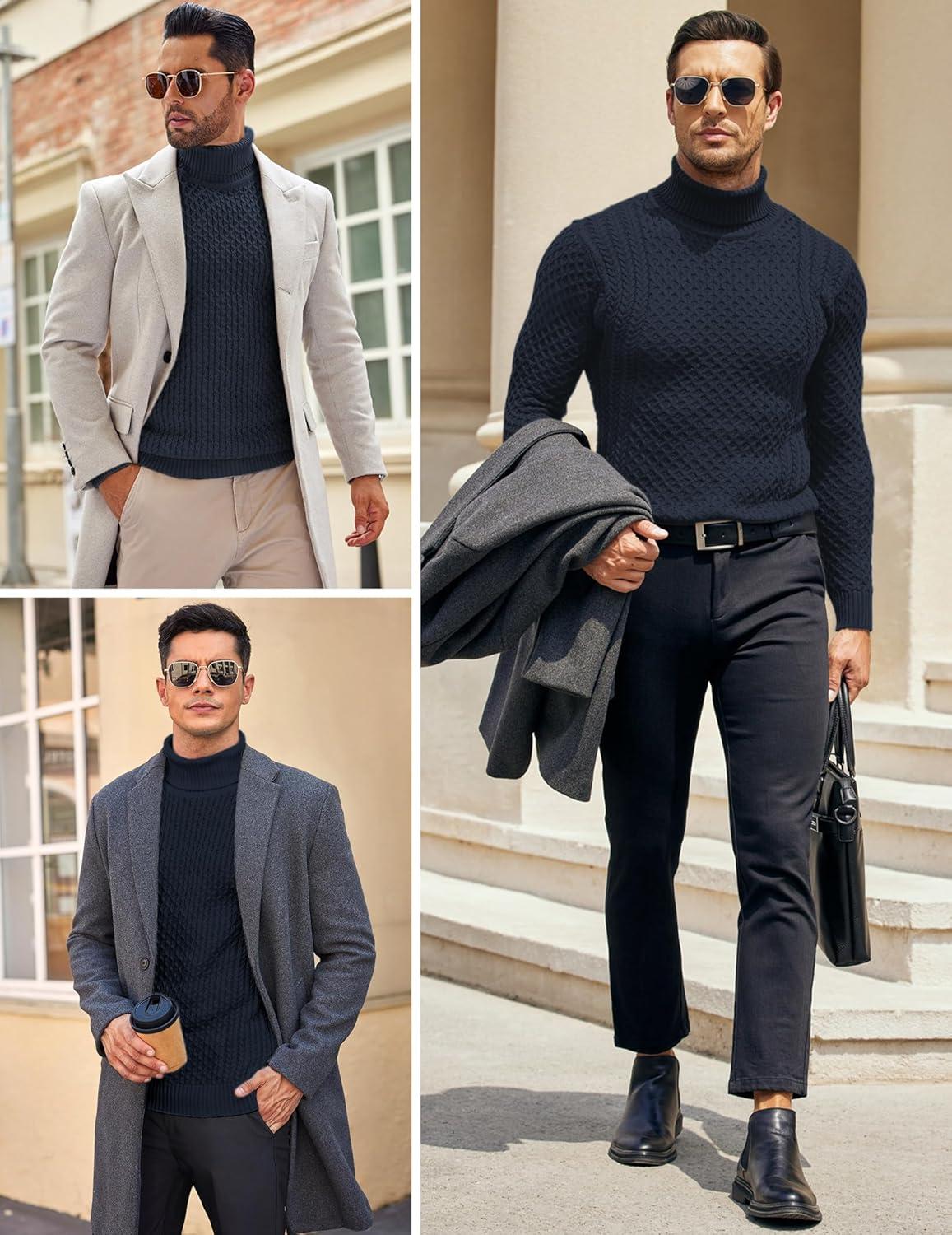 imageCOOFANDY Mens Slim Fit Turtleneck Sweater Casual Knitted Twisted Pullover Solid SweatersNave Blue