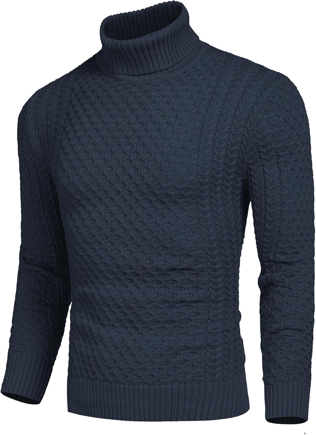 imageCOOFANDY Mens Slim Fit Turtleneck Sweater Casual Knitted Twisted Pullover Solid SweatersNave Blue