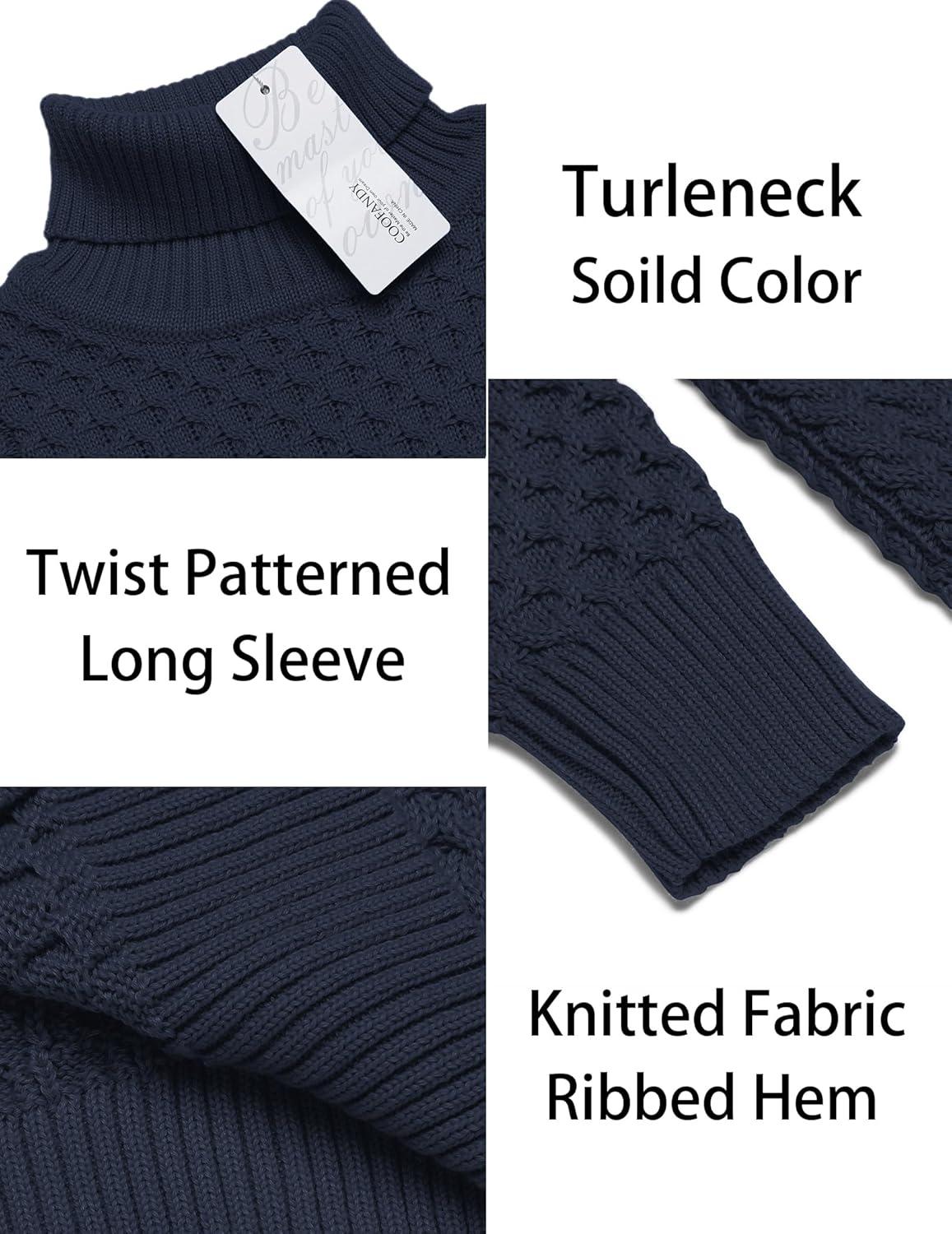 imageCOOFANDY Mens Slim Fit Turtleneck Sweater Casual Knitted Twisted Pullover Solid SweatersNave Blue
