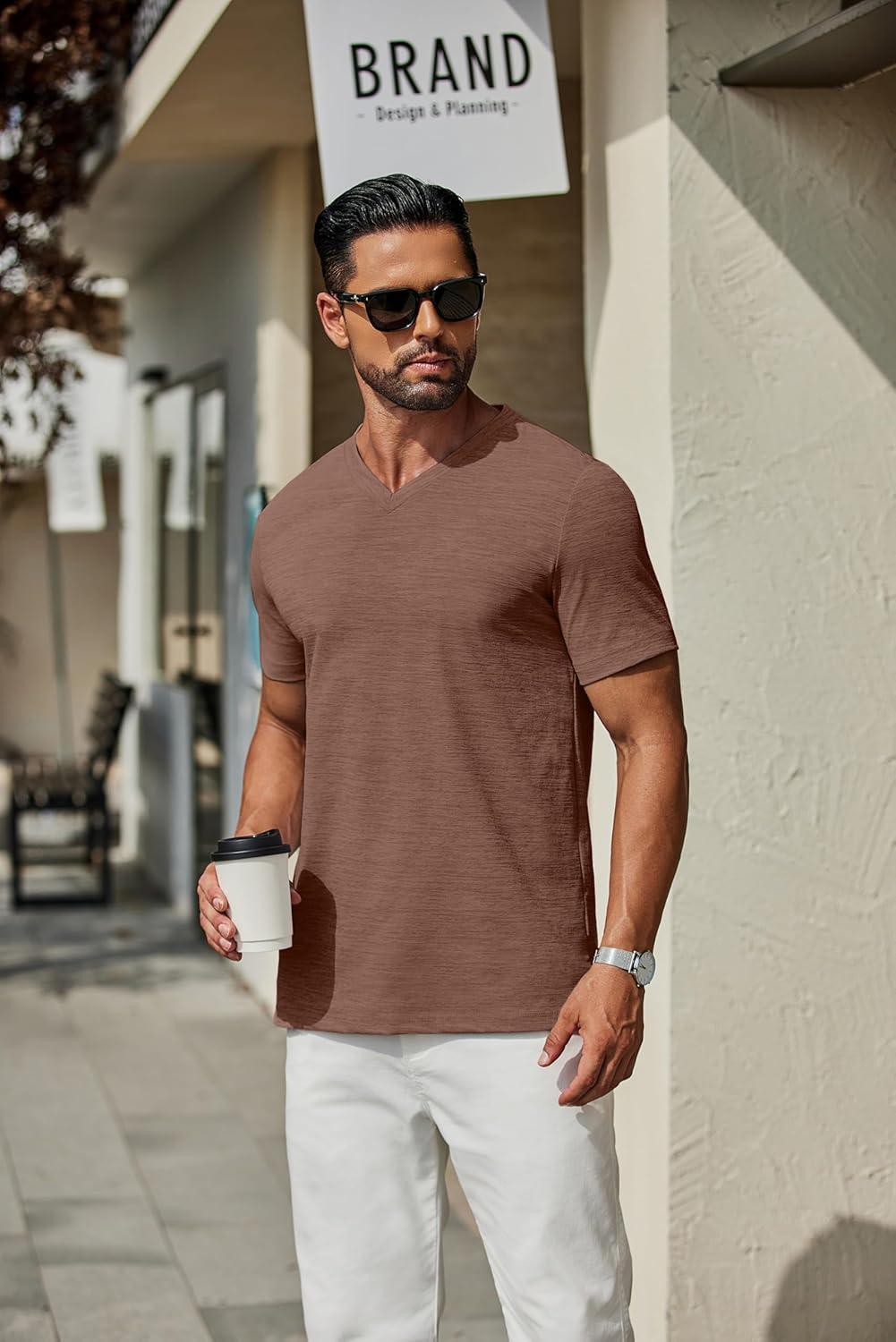 imageCOOFANDY Mens T Shirts Short Sleeve Classic V Neck TShirt Casual Summer Basic Tee ShirtBrown