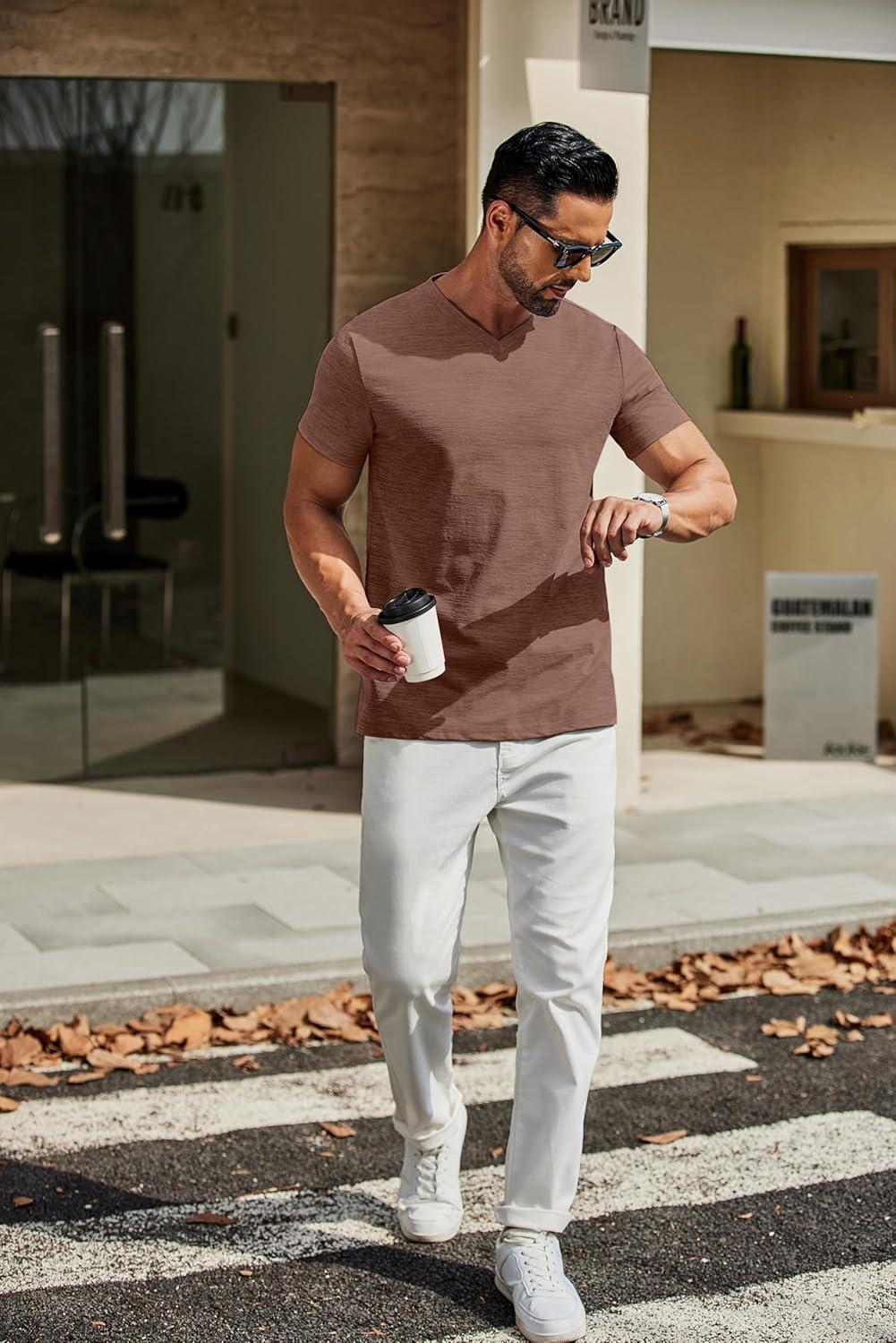 imageCOOFANDY Mens T Shirts Short Sleeve Classic V Neck TShirt Casual Summer Basic Tee ShirtBrown