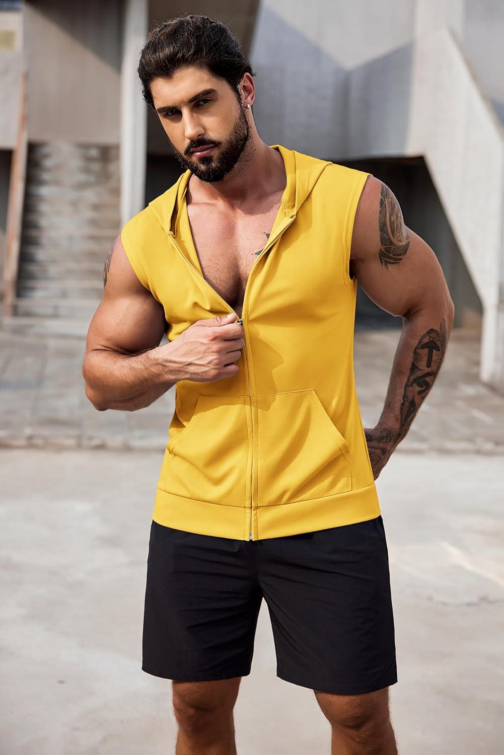 imageCOOFANDY Mens Workout Hooded Tank Tops 2 Pack Zip Up Sleeveless Gym Shirts Muscle Cut Off T Shirt Bodybuilding HoodiesYellow