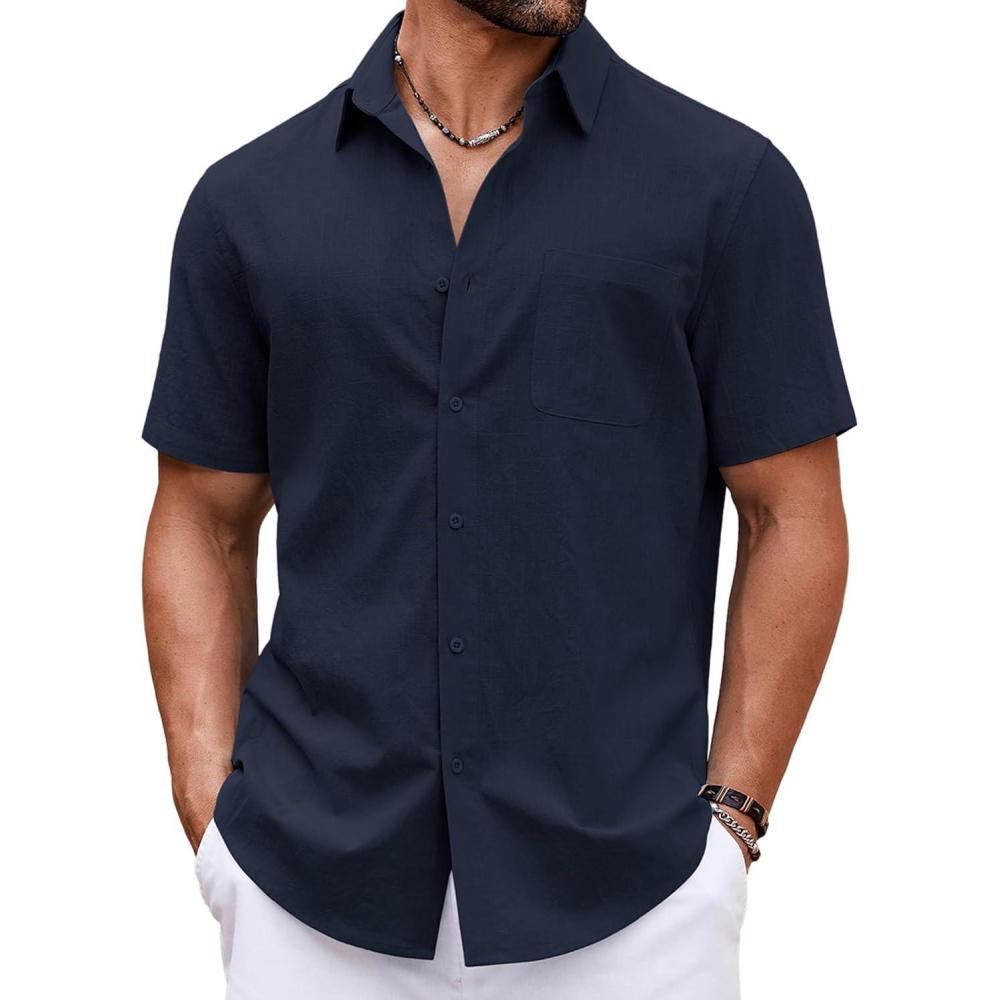 imageCOOFANDY Button Down Shirt for Men Short Sleeve Casual Shirt Summer Beach Vacation Shirt with PocketDark Blue