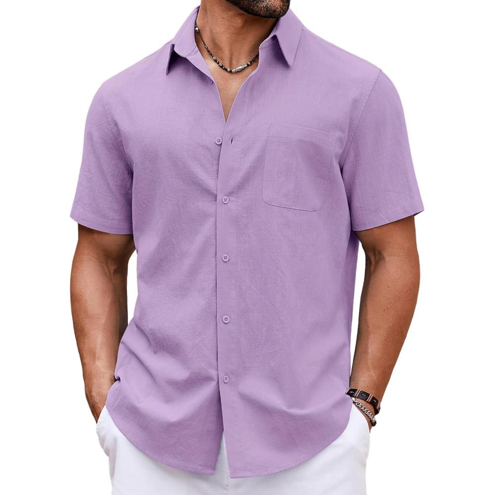 imageCOOFANDY Button Down Shirt for Men Short Sleeve Casual Shirt Summer Beach Vacation Shirt with PocketLavender
