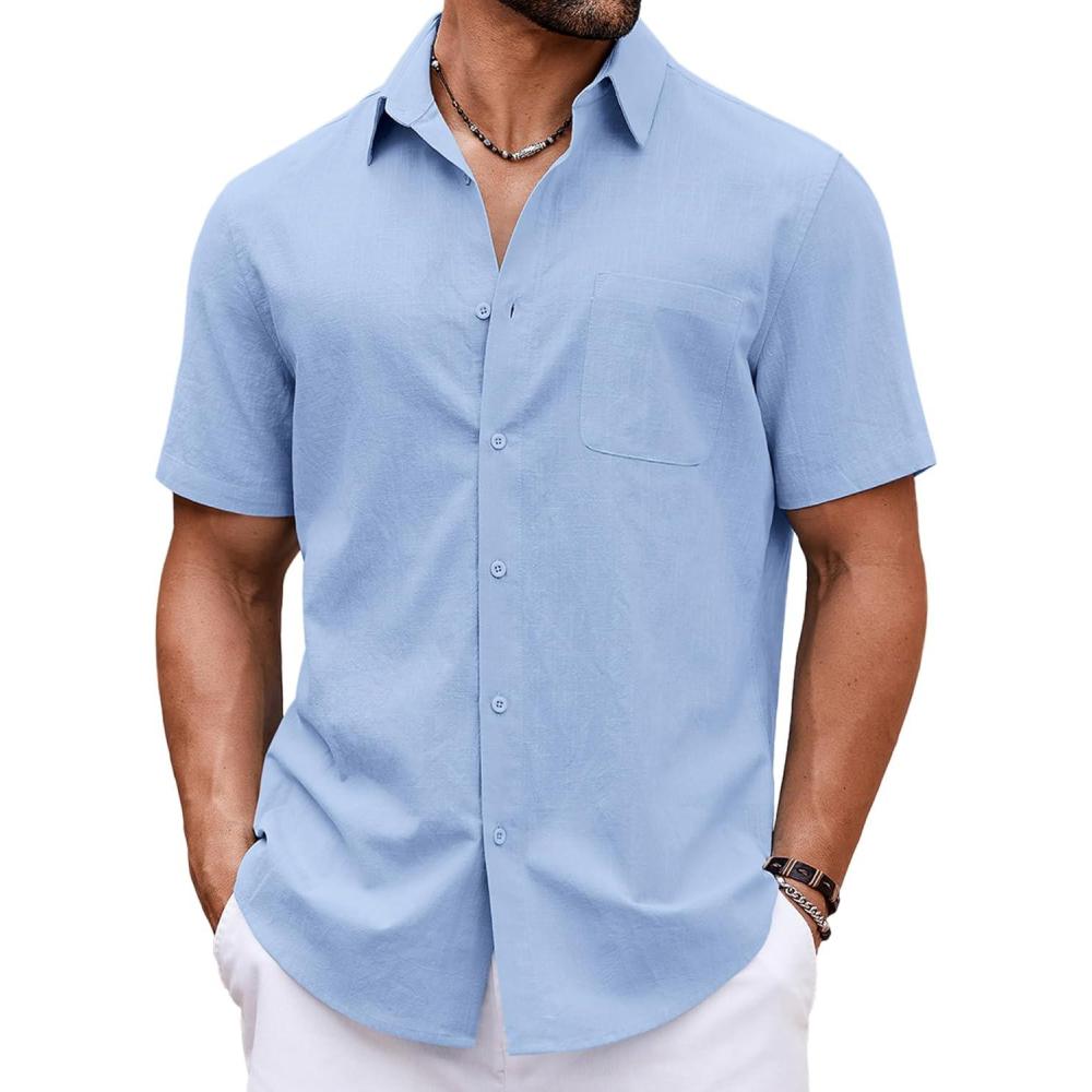 imageCOOFANDY Button Down Shirt for Men Short Sleeve Casual Shirt Summer Beach Vacation Shirt with PocketLight Blue