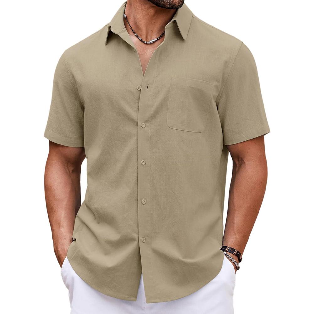 imageCOOFANDY Button Down Shirt for Men Short Sleeve Casual Shirt Summer Beach Vacation Shirt with PocketLight Khaki