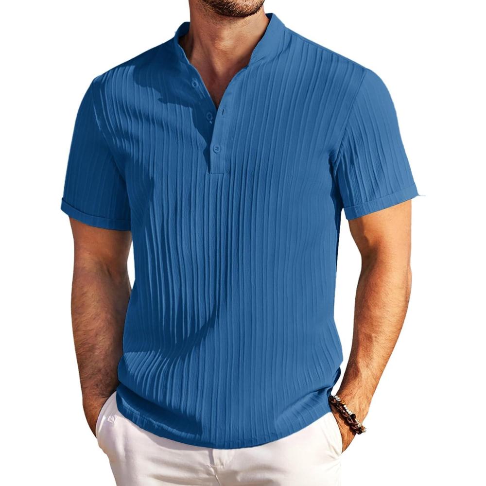 imageCOOFANDY Men Casual Henley Tee Shirt Short Sleeve Band Collar Summer Beach Textured TShirtDark Blue