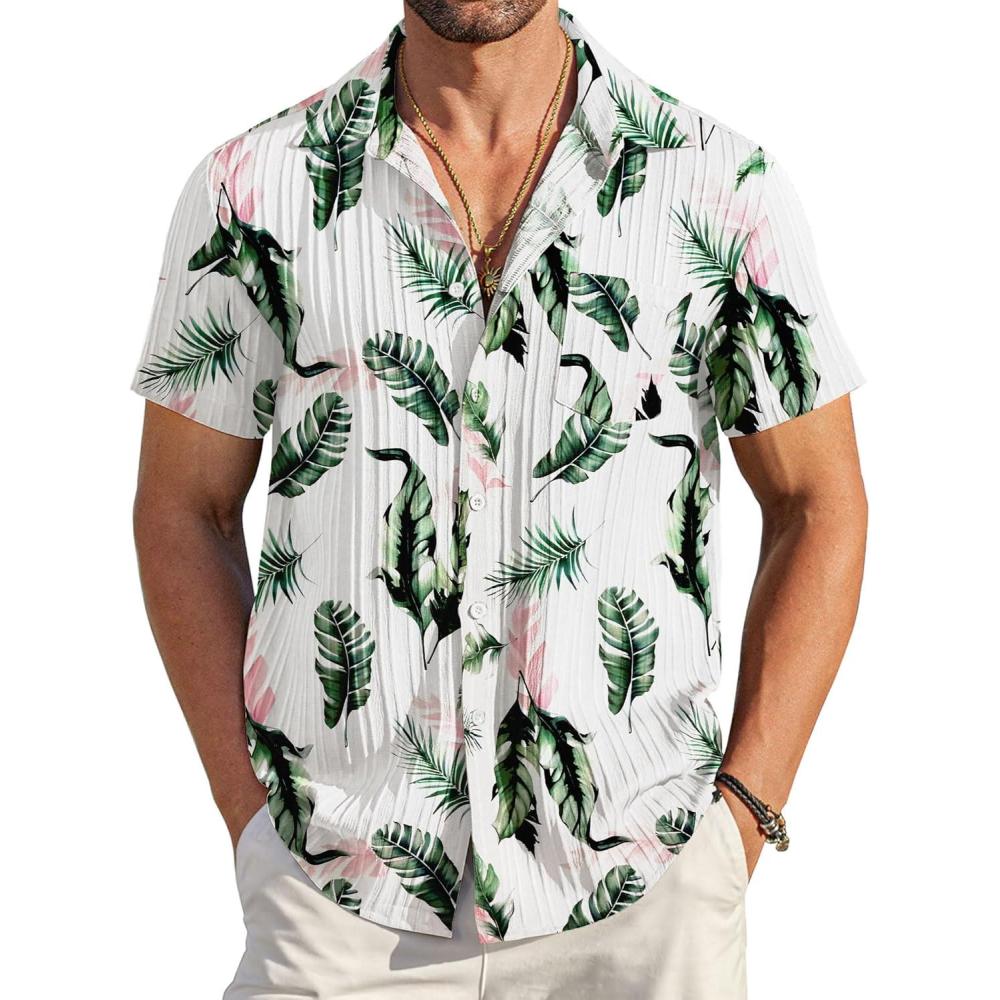 imageCOOFANDY Mens Casual Button Down Shirts Short Sleeve Textured Summer Beach Shirt with PocketWhitegreen Pink Leaves