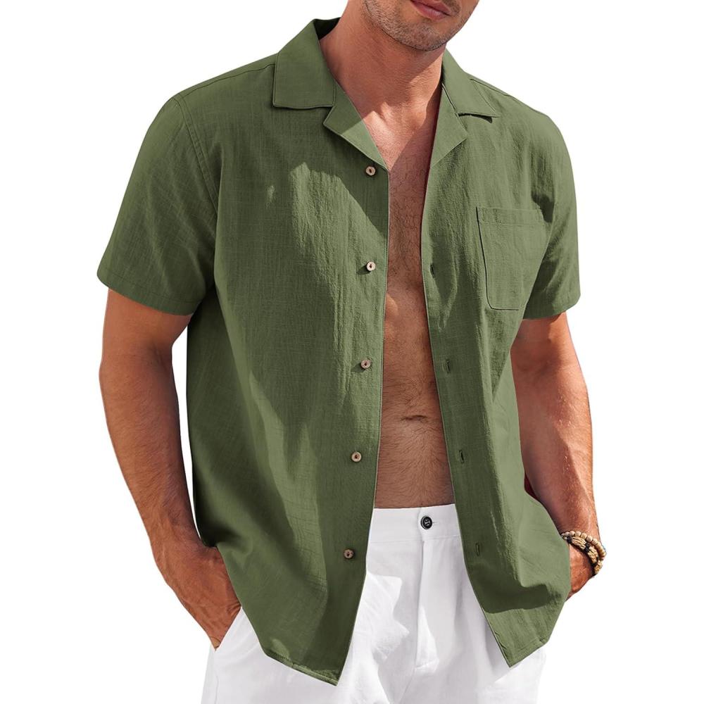 imageCOOFANDY Mens Casual Cotton Linen Shirt Short Sleeve Button Up Shirts Summer Beach TopArmy Green