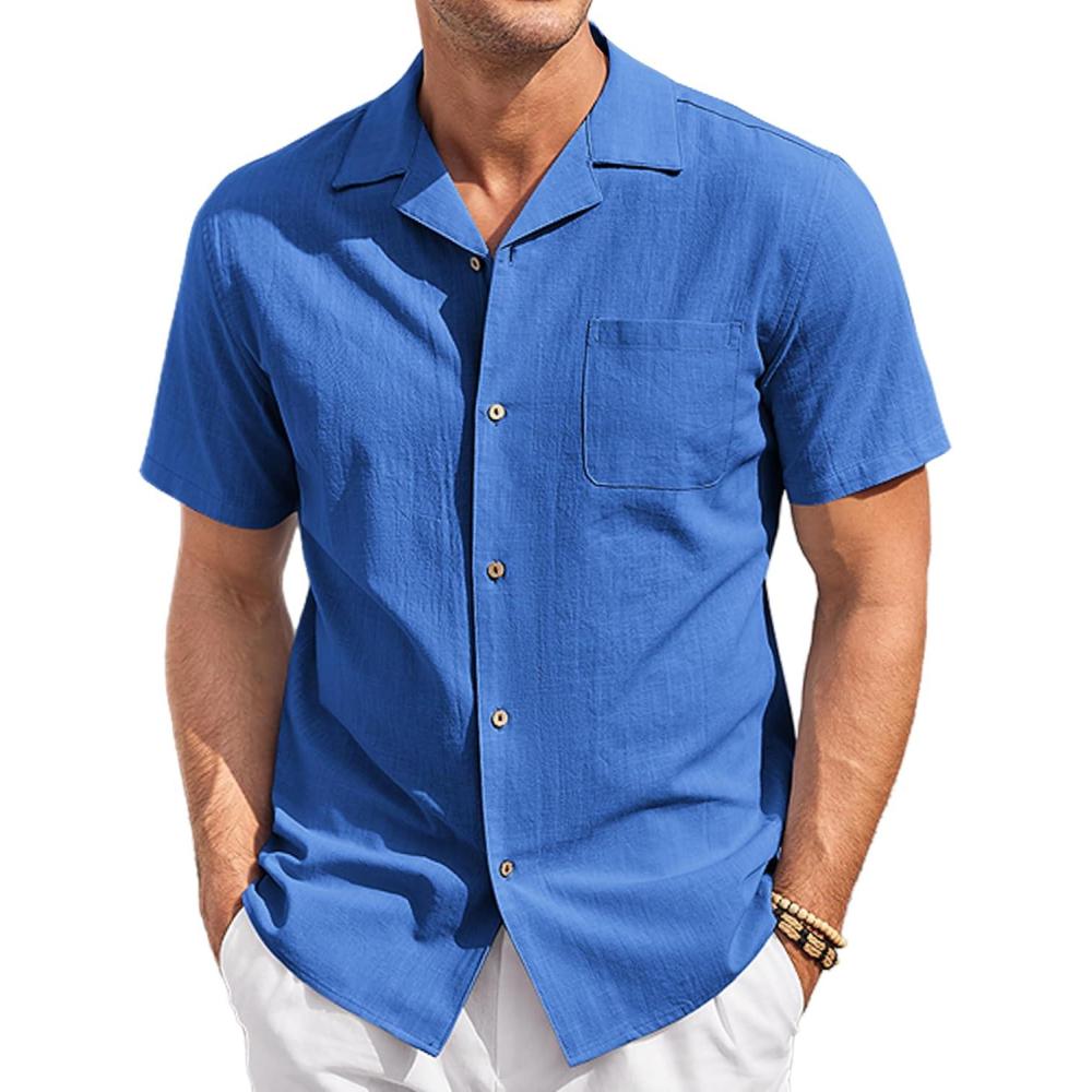 imageCOOFANDY Mens Casual Cotton Linen Shirt Short Sleeve Button Up Shirts Summer Beach TopBlue