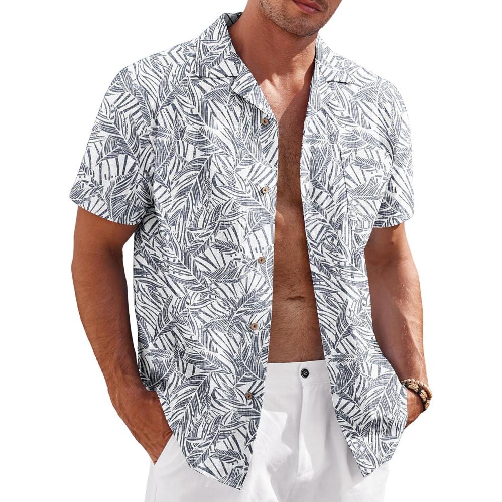 imageCOOFANDY Mens Casual Cotton Linen Shirt Short Sleeve Button Up Shirts Summer Beach TopGray Blue  Plam Leaf