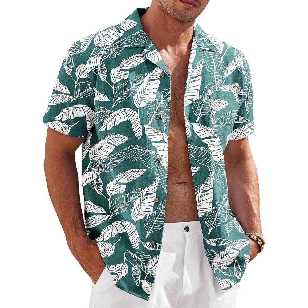 imageCOOFANDY Mens Casual Cotton Linen Shirt Short Sleeve Button Up Shirts Summer Beach TopGreen  Banana Leaf
