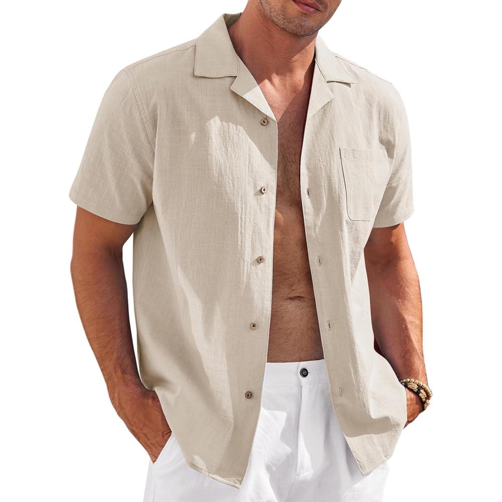 imageCOOFANDY Mens Casual Cotton Linen Shirt Short Sleeve Button Up Shirts Summer Beach TopKhaki