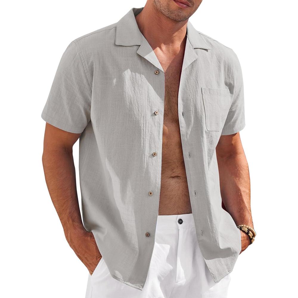 imageCOOFANDY Mens Casual Cotton Linen Shirt Short Sleeve Button Up Shirts Summer Beach TopLight Gray