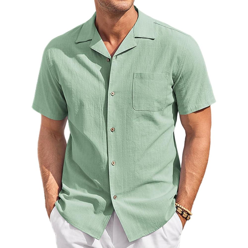imageCOOFANDY Mens Casual Cotton Linen Shirt Short Sleeve Button Up Shirts Summer Beach TopMint Green