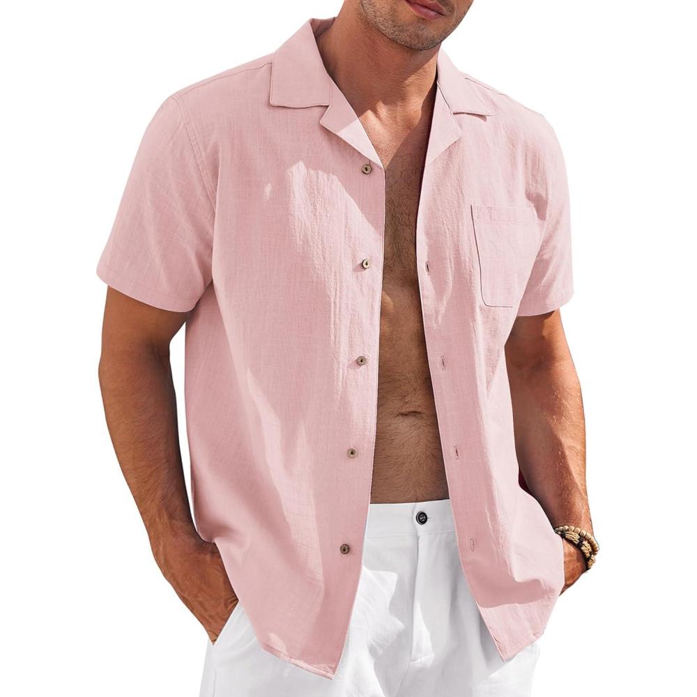 imageCOOFANDY Mens Casual Cotton Linen Shirt Short Sleeve Button Up Shirts Summer Beach TopPink