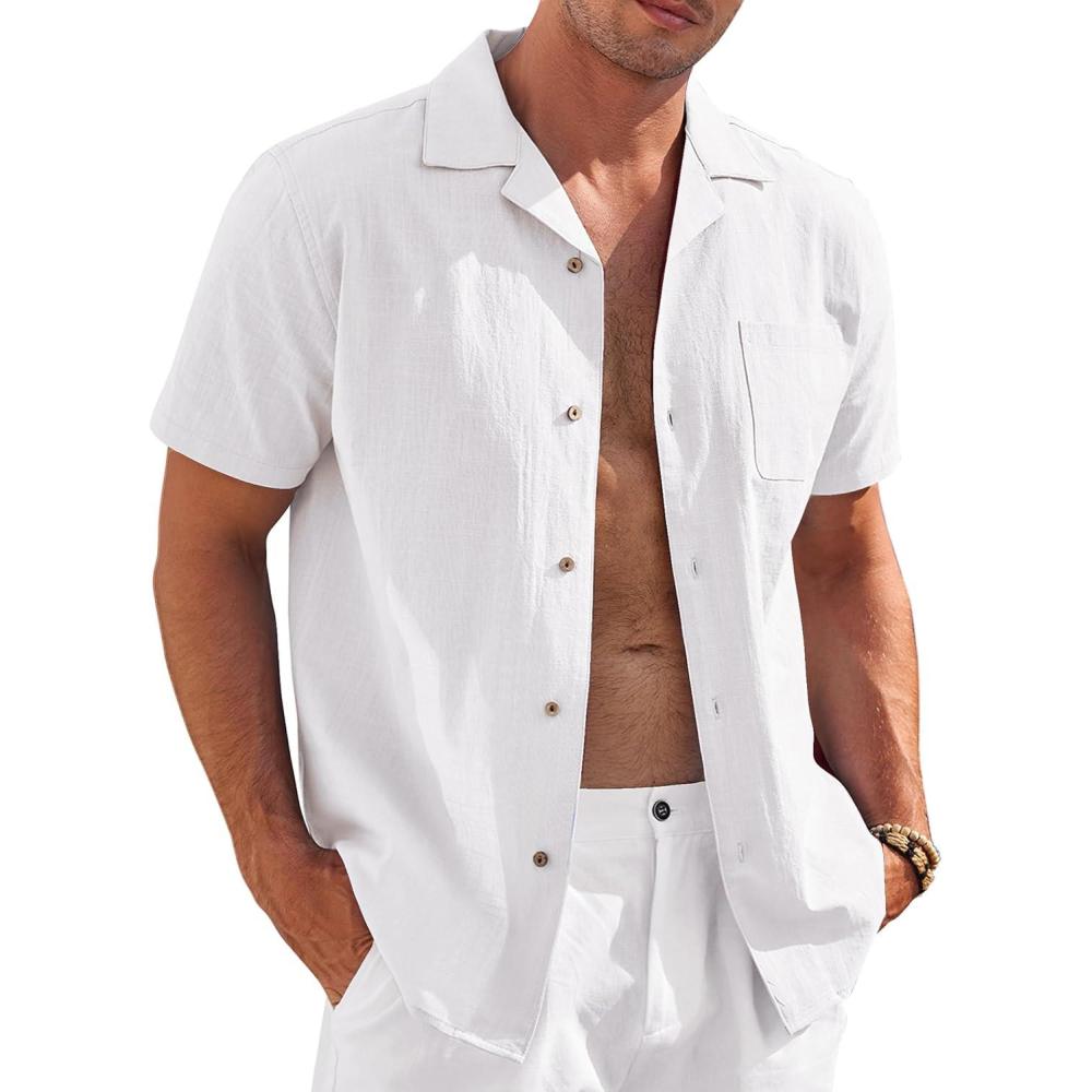 imageCOOFANDY Mens Casual Cotton Linen Shirt Short Sleeve Button Up Shirts Summer Beach TopWhite