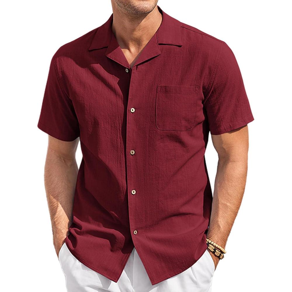imageCOOFANDY Mens Casual Cotton Linen Shirt Short Sleeve Button Up Shirts Summer Beach TopWine Red