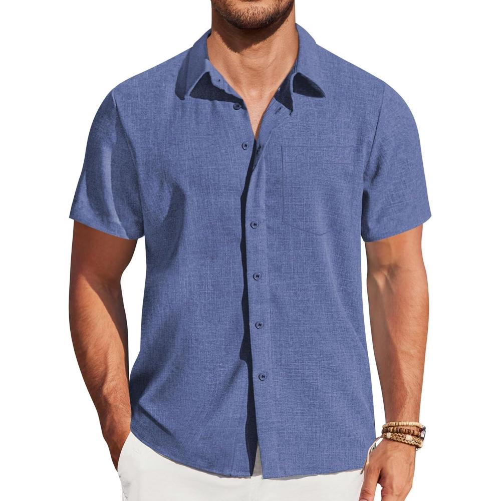 imageCOOFANDY Mens Casual Short Sleeve Shirts Button Down Summer Beach Shirt Lightweight Textured Tops with PocketBlue