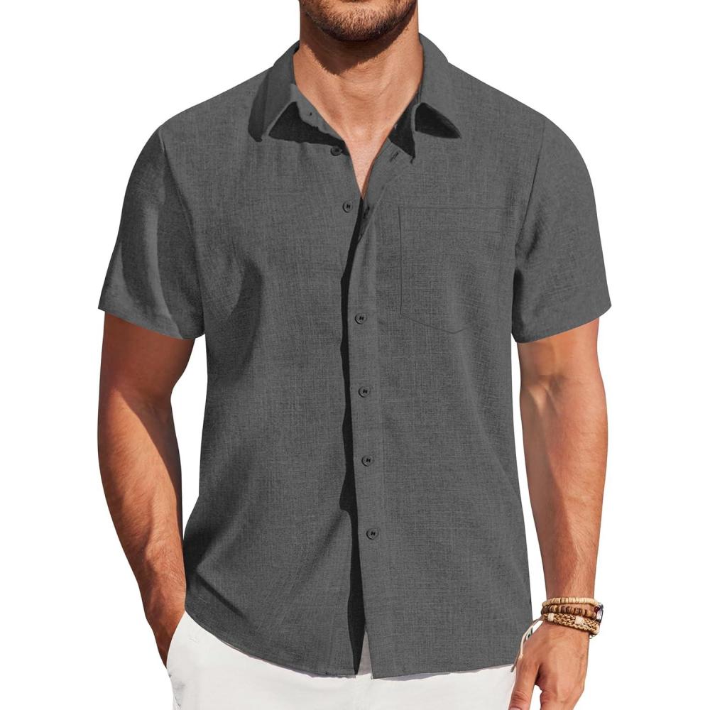 imageCOOFANDY Mens Casual Short Sleeve Shirts Button Down Summer Beach Shirt Lightweight Textured Tops with PocketDark Gray