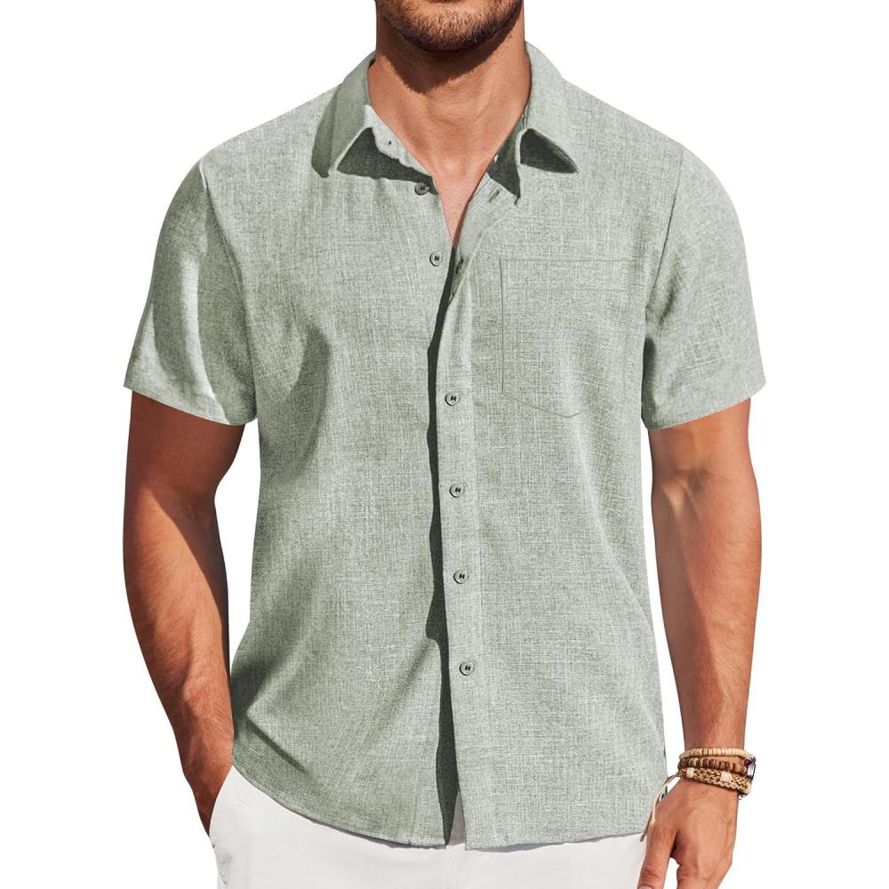 imageCOOFANDY Mens Casual Short Sleeve Shirts Button Down Summer Beach Shirt Lightweight Textured Tops with PocketLight Green
