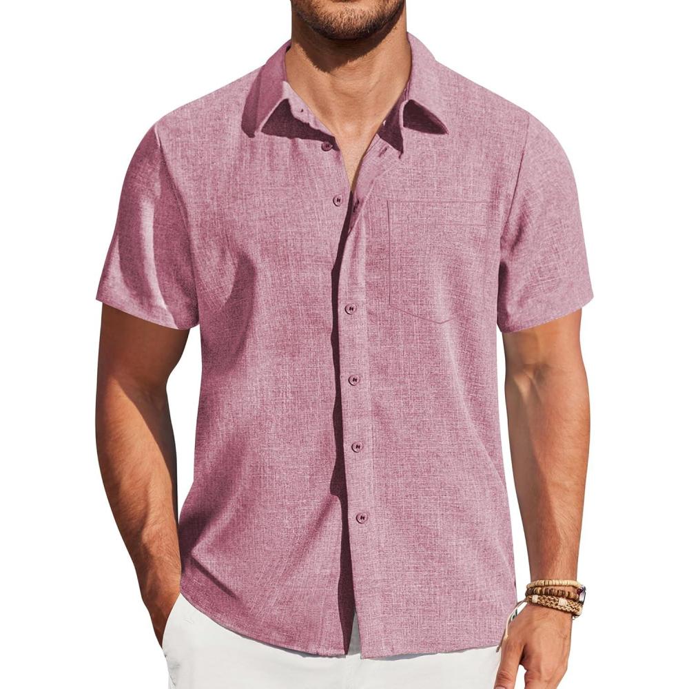 imageCOOFANDY Mens Casual Short Sleeve Shirts Button Down Summer Beach Shirt Lightweight Textured Tops with PocketPink