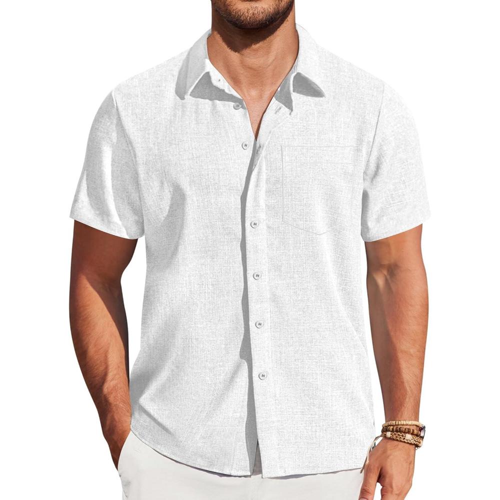 imageCOOFANDY Mens Casual Short Sleeve Shirts Button Down Summer Beach Shirt Lightweight Textured Tops with PocketWhite