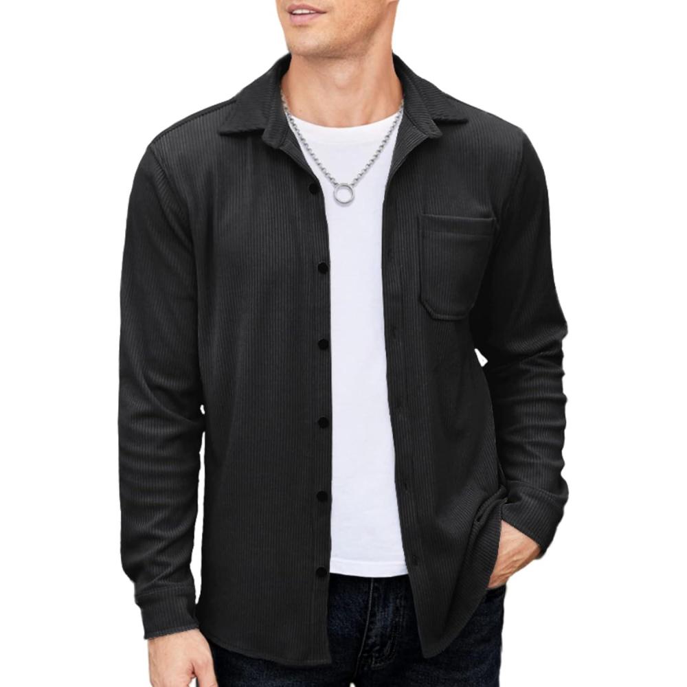 imageCOOFANDY Mens Corduroy Shirt Casual Shacket Long Sleeve Button Down Lightweight JacketBlack