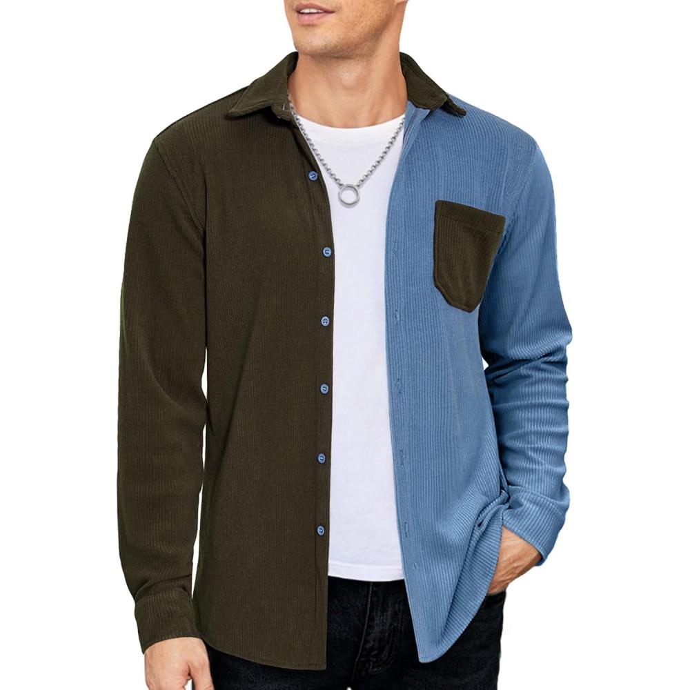 imageCOOFANDY Mens Corduroy Shirt Casual Shacket Long Sleeve Button Down Lightweight JacketColor Block Green