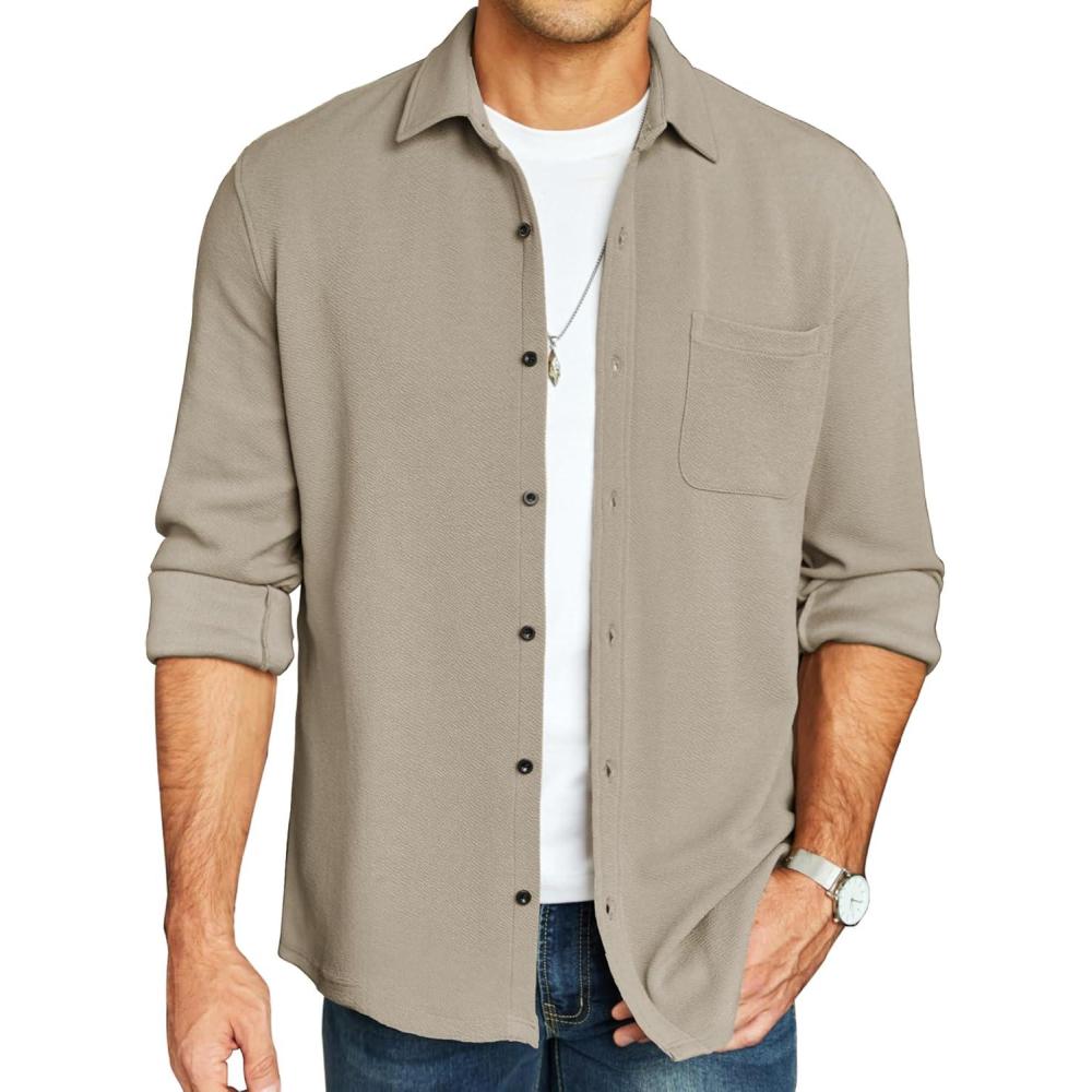 imageCOOFANDY Mens Corduroy Shirt Casual Shacket Long Sleeve Button Down Lightweight JacketKhaki