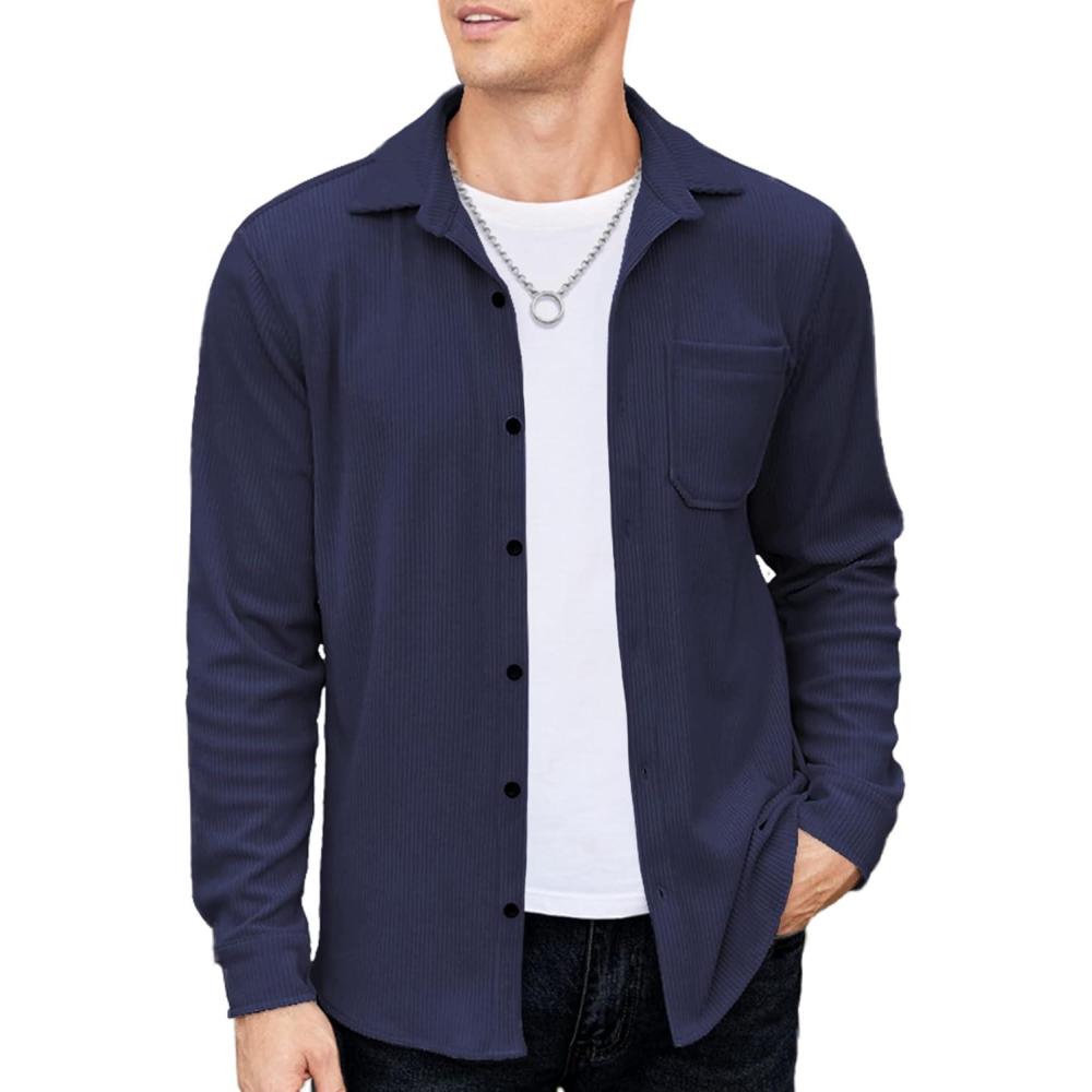 imageCOOFANDY Mens Corduroy Shirt Casual Shacket Long Sleeve Button Down Lightweight JacketNavy Blue