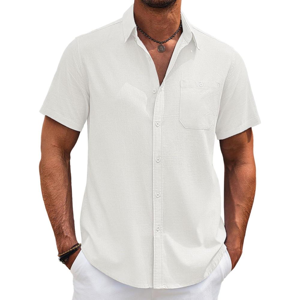 imageCOOFANDY Mens Cotton Linen Shirts Short Sleeve Casual Shirts Summer Button Down Shirt Linen Beach Vacation ShirtAwhite