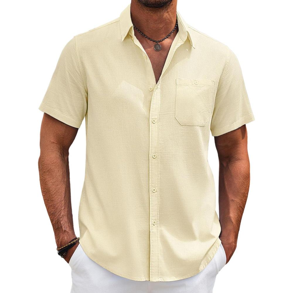 imageCOOFANDY Mens Cotton Linen Shirts Short Sleeve Casual Shirts Summer Button Down Shirt Linen Beach Vacation ShirtBeige