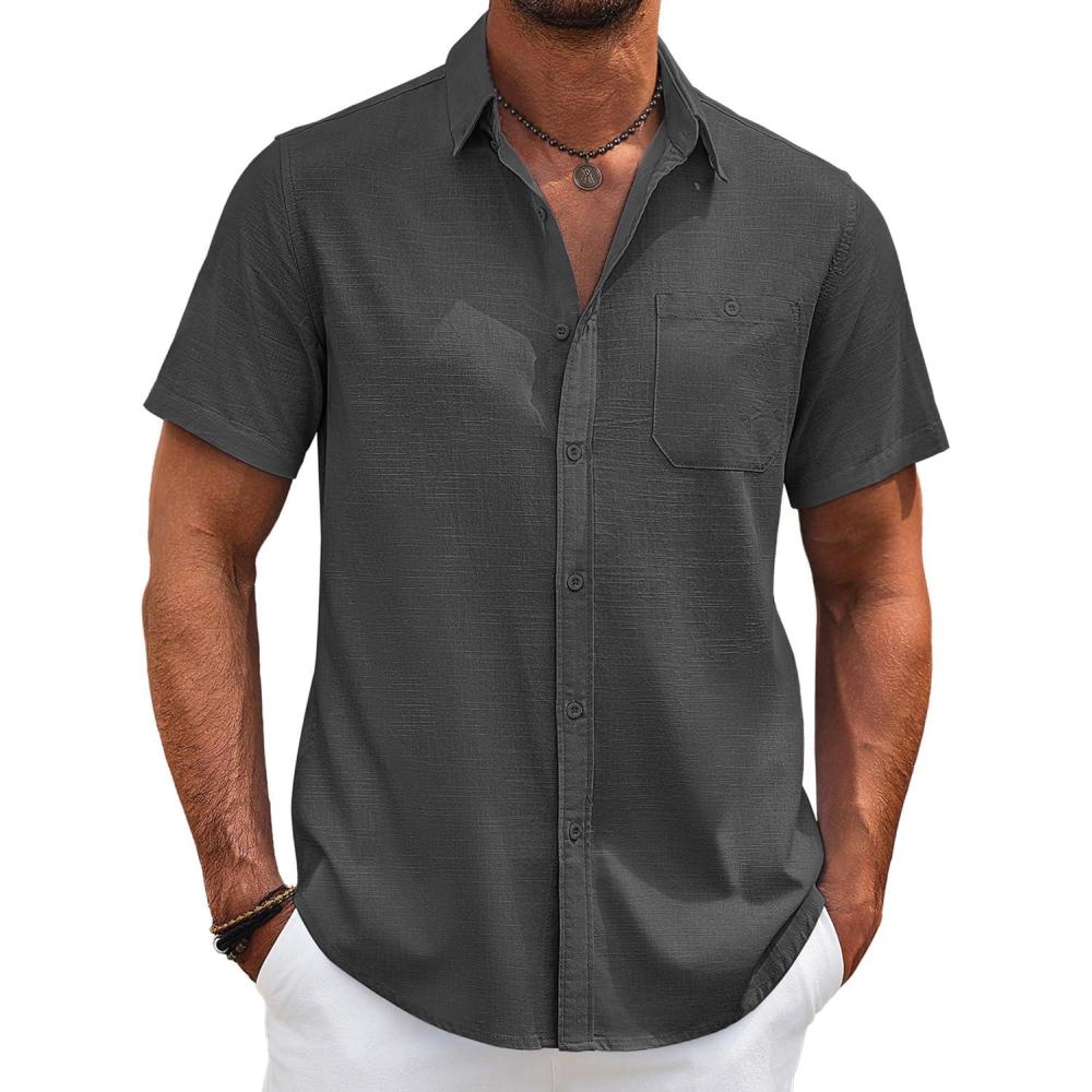 imageCOOFANDY Mens Cotton Linen Shirts Short Sleeve Casual Shirts Summer Button Down Shirt Linen Beach Vacation ShirtDark Gray