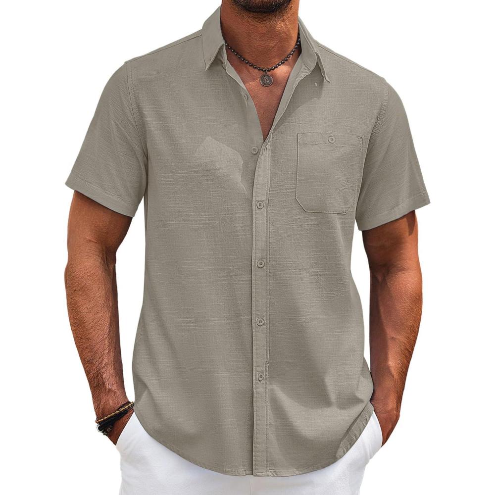 imageCOOFANDY Mens Cotton Linen Shirts Short Sleeve Casual Shirts Summer Button Down Shirt Linen Beach Vacation ShirtLight Gray