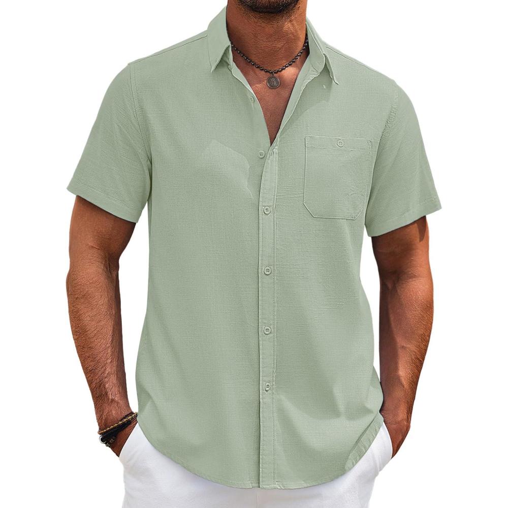 imageCOOFANDY Mens Cotton Linen Shirts Short Sleeve Casual Shirts Summer Button Down Shirt Linen Beach Vacation ShirtLight Green