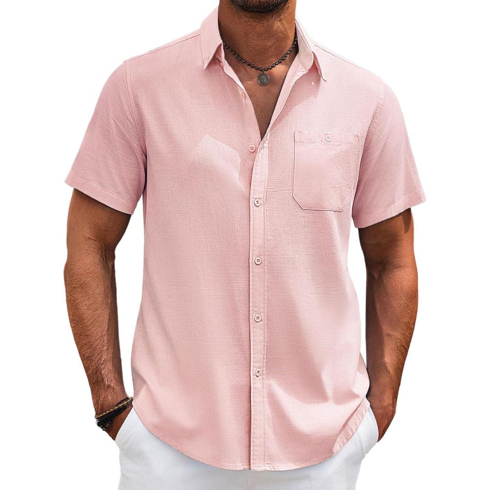 imageCOOFANDY Mens Cotton Linen Shirts Short Sleeve Casual Shirts Summer Button Down Shirt Linen Beach Vacation ShirtPink