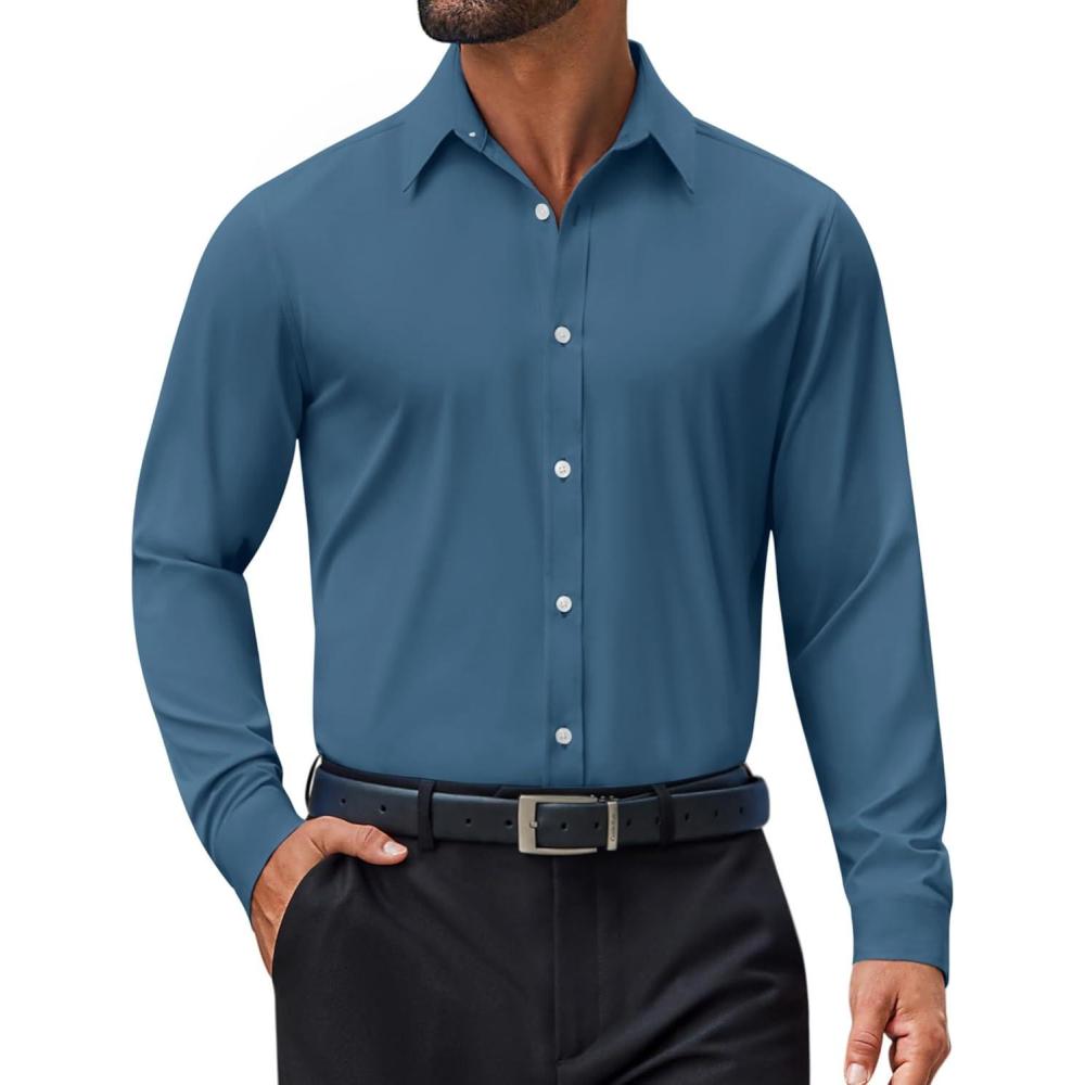 imageCOOFANDY Mens Dress Shirt Long Sleeve Wrinkle Free Formal Shirts Business Casual Button Down ShirtsGrey Blue
