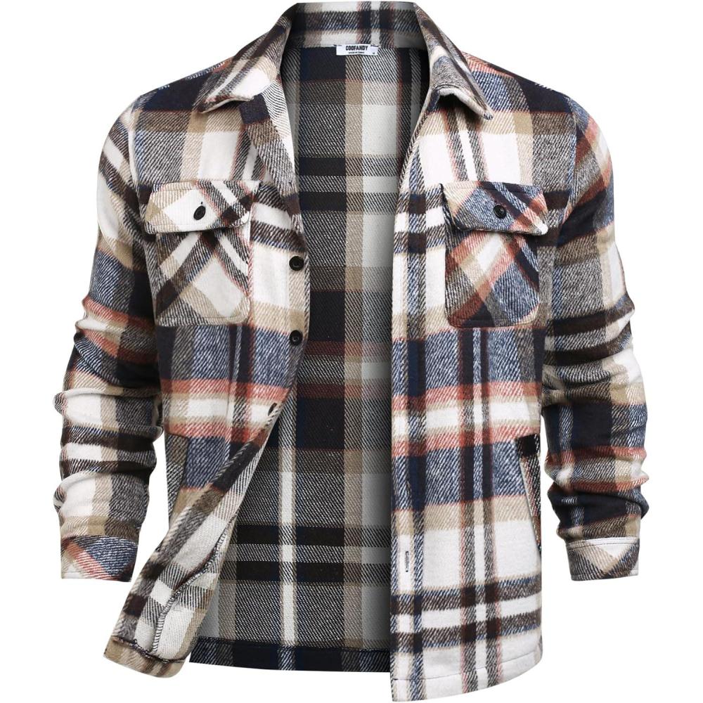 imageCOOFANDY Mens Flannel Jacket Fleece Shacket Plaid Shirt Jackets Warm Thick Long Sleeve Button Down Fall OutwearBrown Line
