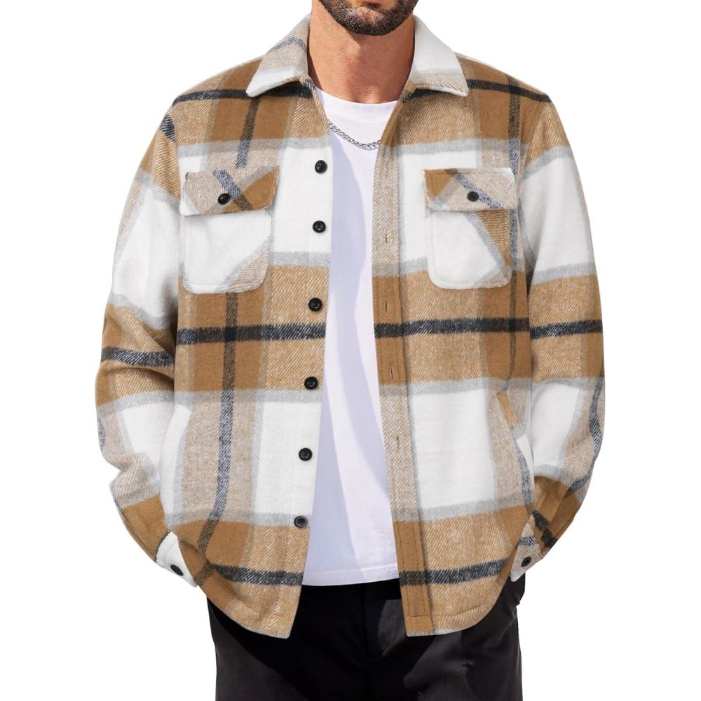 imageCOOFANDY Mens Flannel Jacket Fleece Shacket Plaid Shirt Jackets Warm Thick Long Sleeve Button Down Fall OutwearKhaki Block